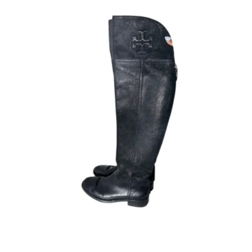 Tory Burch Black Leather Over the Knee Riding Boots Embossed Logo 5M 129114